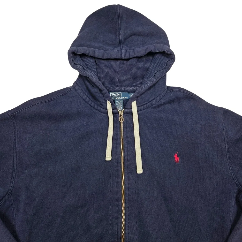 Vtg Polo Ralph Lauren Full Zip Hoodie Mens 2XLT Navy‎ Blue Pony Logol Sweatshirt